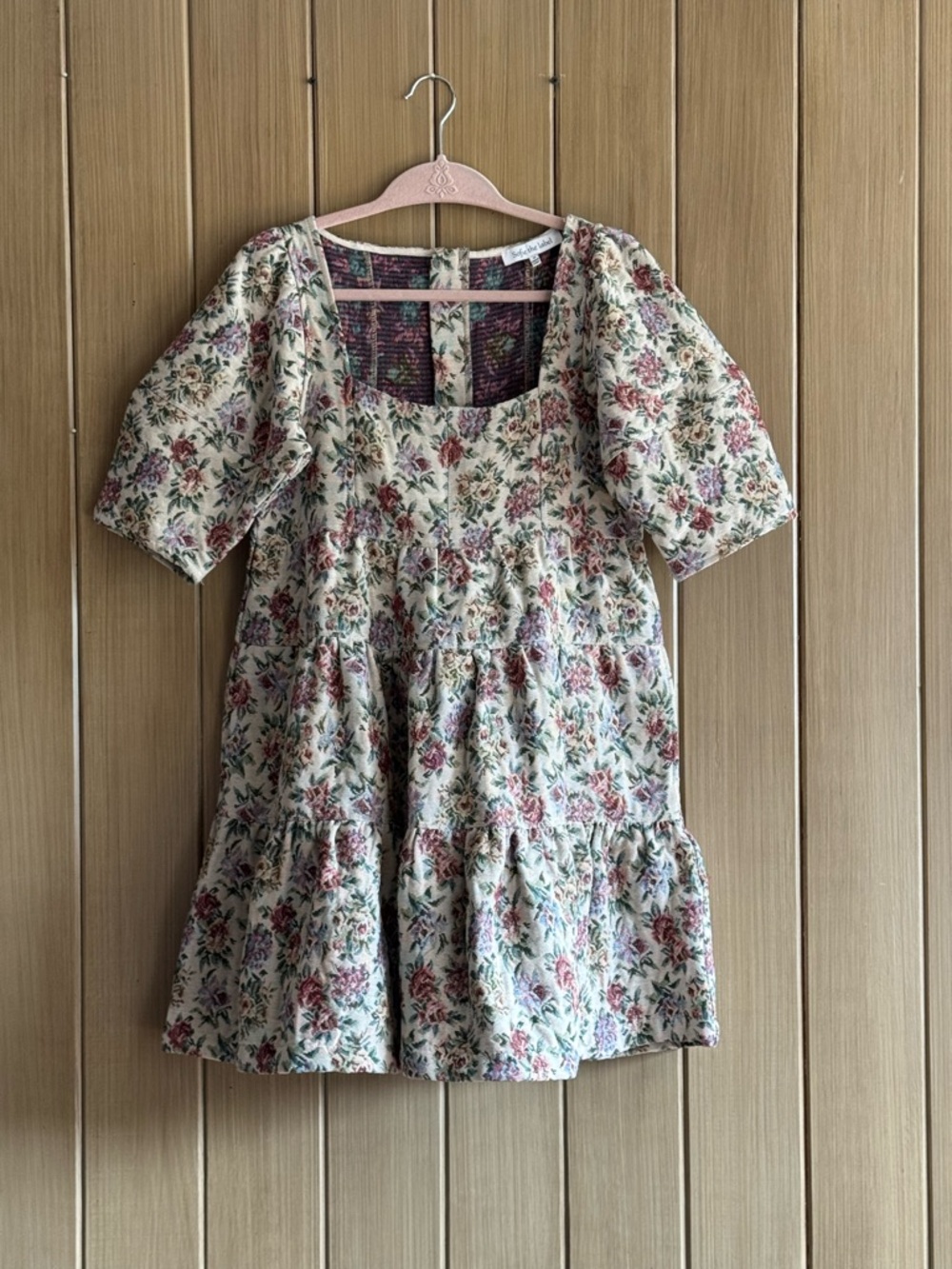 Floral Tiered Mini Dress with Puff Sleeves - Cream/Pink